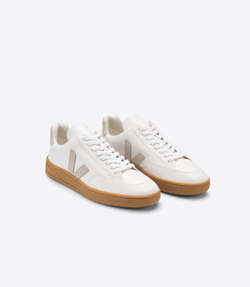 Veja Trainers Mens White/Beige - V-12 Leather - ONQU-68075